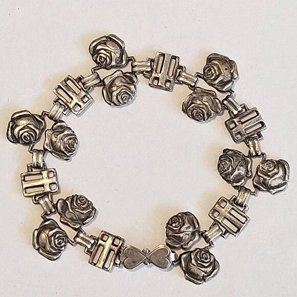 Antique 19c Victorian Sterling Silver Catholic Rose Cross Double Sided Bracelet - Picture 1 of 4